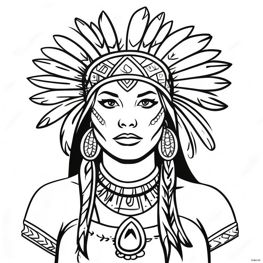 Elegant Native American Woman With Feather Headdress Coloring Page 57925 48163