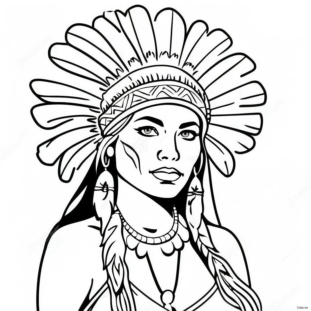 Elegant Native American Woman With Feather Headdress Coloring Page 57925 48164