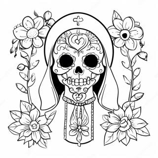 Fargglad Santa Muerte Med Blommor Farglaggningssida 46174-38457