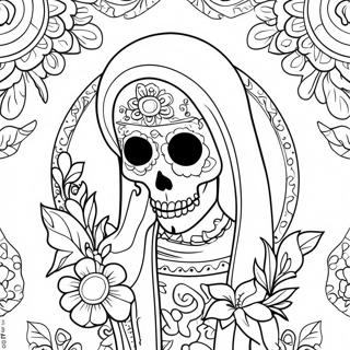 Fargglad Santa Muerte Med Blommor Farglaggningssida 46174-38459