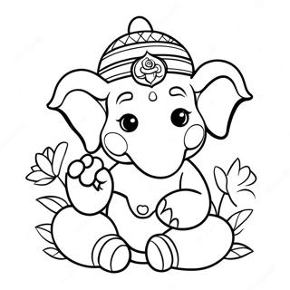 Sot Ganesha Med Blommor Malarbild 49815-41554